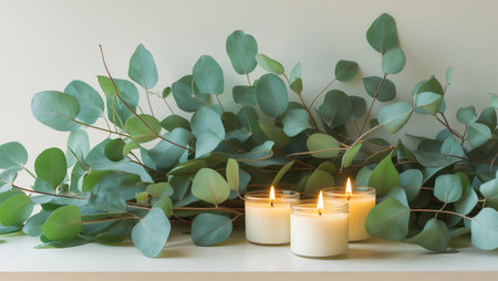 AI Generated. Burning scented candles creating relaxing spa ambiance with eucalyptus plantsの素材