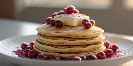 AI Generated. Delicious freshly made pancakes topped with cream and cranberries served on a white plate perfect for a breakfast treat close up shotの素材