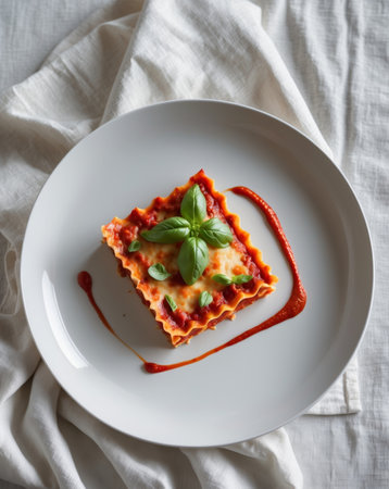 AI Generated. Delicious lasagna with fresh basil and tomato sauce ready to be savoredの素材