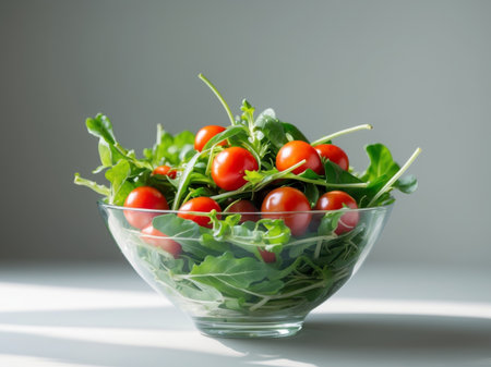 AI Generated. Fresh Mixed Salad with Cherry Tomatoes and Greens in Clear Bowl on Gray Backgroundの素材