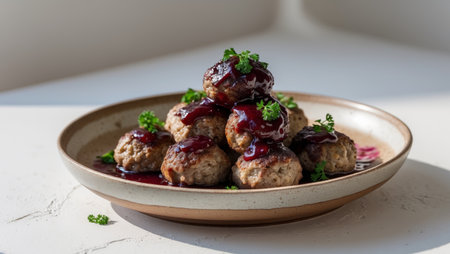 AI Generated. Rustic Meatballs with Lingonberry Jam Presentationの素材