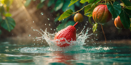 AI Generated. Refreshing red guava splashing in water with vibrant colors showcasing freshness and vitality in a beautiful natural settingの素材