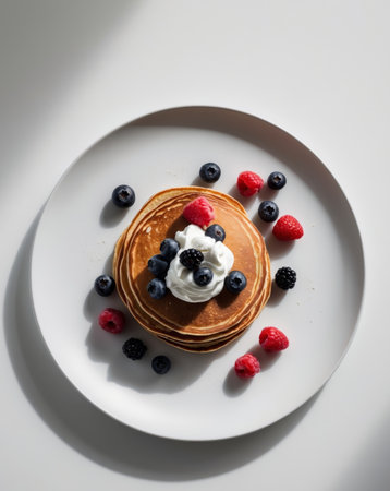 AI Generated. Savory Pancakes with Berries and Cream on White Plateの素材