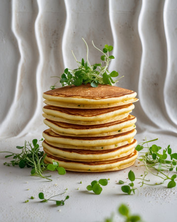 AI Generated. Savory Pancakes with Vibrant Colors and Textured Backgroundの素材