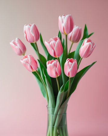 AI Generated. pink tulips with green leaves on a pink backgroundの素材