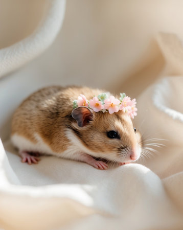 AI Generated. Cute Sleeping Hamster with Flower Crown Wallpaperの素材