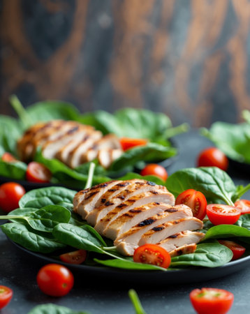 AI Generated. Healthy grilled chicken salad with cherry tomatoes and spinach on a rustic dark backgroundの素材