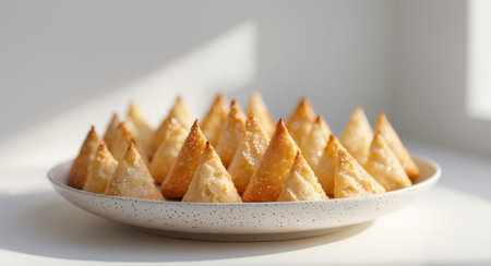 AI Generated. Plate of crispy triangular golden pastries arranged on a speckled dishの素材