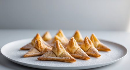 AI Generated. Plate of golden triangular pastries dusted with sugar on a gray backgroundの素材
