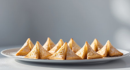 AI Generated. Plate of golden triangular pastries dusted with sugar on a gray backgroundの素材