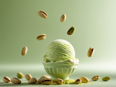 AI Generated. Pistachio ice cream scoop with falling nuts on green backgroundの素材