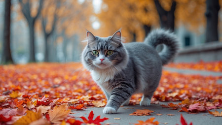 AI Generated. Playful cat walking through autumn leaves in urban park settingの素材