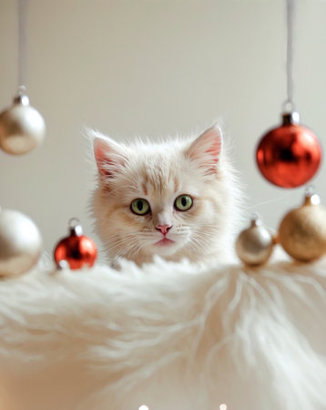 AI Generated. Playful Kitten Peeking Over Holiday Decorationsの素材