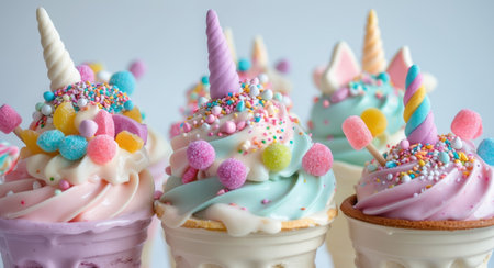 AI Generated. Playful Pastel Unicorn Ice Cream Sundaes with Colorful Toppings and Creamy Texturesの素材