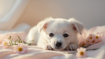AI Generated. Puppy on pastel blanket with flowers and natural lightの素材