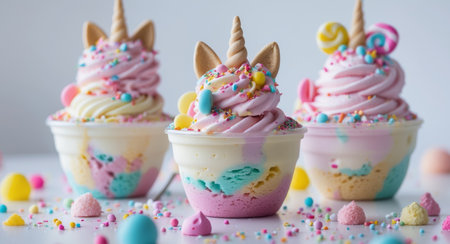 AI Generated. Playful Pastel Unicorn Ice Cream Sundaes with Colorful Toppings and Creamy Texturesの素材