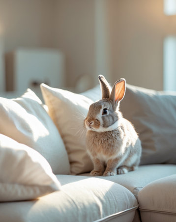 AI Generated. Rabbit in cozy modern living room with cushions and neutral paletteの素材