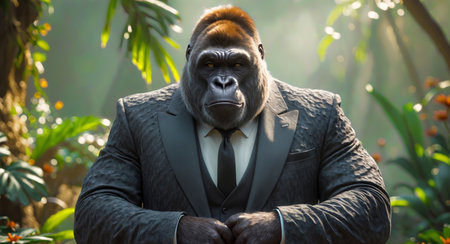AI Generated. Powerful Gorilla in a Suit Poses in a Lush Jungleの素材