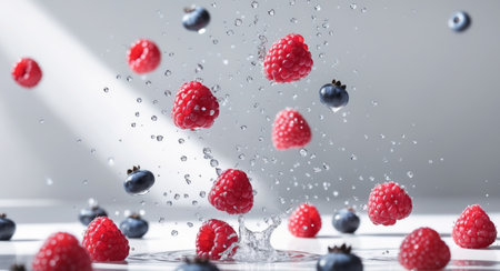 AI Generated. Raspberries and Blueberries in Splashing Juiceの素材