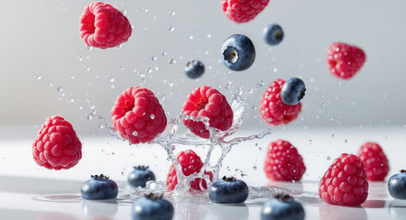 AI Generated. Raspberries and Blueberries in Splashing Juiceの素材