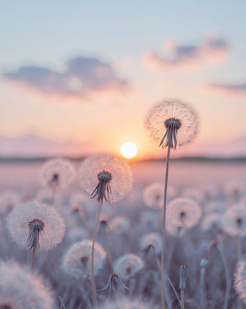 AI Generated. Serene Dandelion Field at Dusk with Sun Setting Over a Horizon in Soft Pastel Colorsの素材
