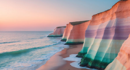 AI Generated. Serene Coastal Sunset Over Colorful Cliffs and Calm Ocean Wavesの素材