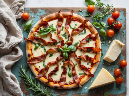 AI Generated. Spiral bacon pizza on a rustic wooden board surrounded by ingredients and decor for a delicious culinary presentationの素材