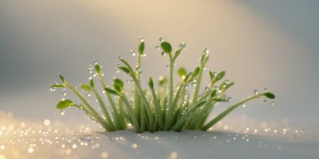 AI Generated. Spring sprouts glistening with dew drops in early morning lightの素材