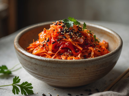 AI Generated. Spicy kimchi cabbage salad with sesame seeds and parsley in rustic bowlの素材