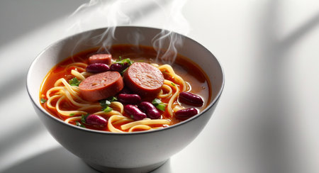 AI Generated. Spicy Noodle Soup with Sausage and Beansの素材