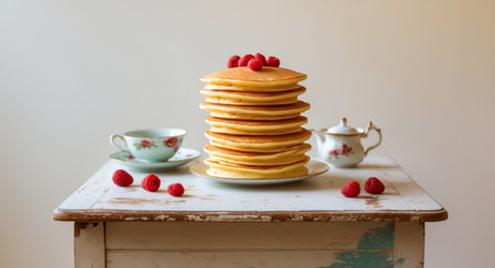 AI Generated. Stack of pancakes with berries and tea set on vintage tableの素材
