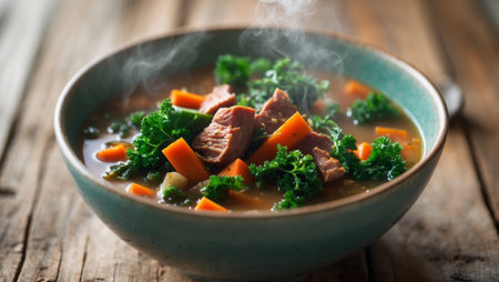 AI Generated. Steaming bowl of hearty vegetable soup with meatの素材