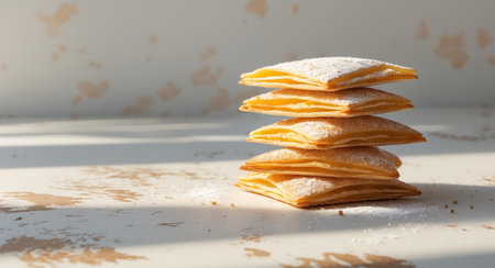 AI Generated. Stack of golden triangular pastries dusted with powdered sugar on a textured surfaceの素材