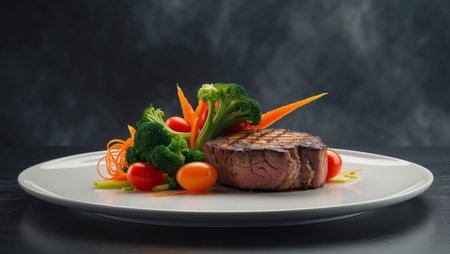 AI Generated. Steak with vegetables on a plate on a dark backgroundの素材