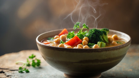 AI Generated. Steaming Bowl of Hearty Vegetable Chickpea Soupの素材