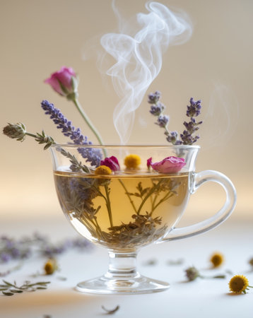 AI Generated. Steaming Herbal Tea in Glass Cup with Dried Floral Ingredientsの素材