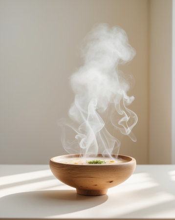 AI Generated. Steam Rising from Delicious Tofu Soup in Wooden Bowl on Tableの素材