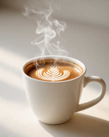 AI Generated. Steaming Coffee in a White Mug with Latte Artの素材