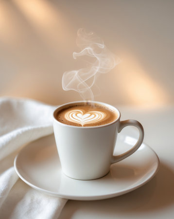 AI Generated. Steaming Coffee Mug with Latte Art on Plateの素材