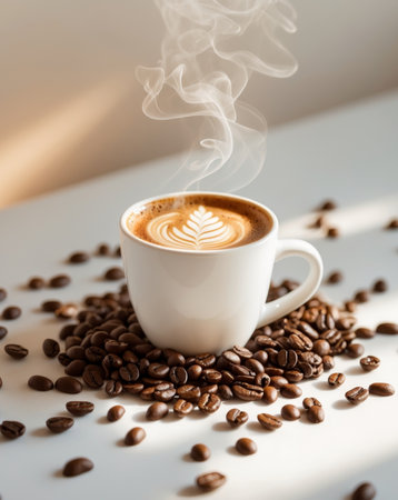 AI Generated. Steaming Coffee Cup with Latte Art Surrounded by Beansの素材
