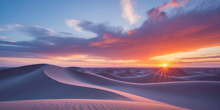 AI Generated. Stunning sunset over rolling sand dunes with sharp clean lines and dramatic cloudsの素材