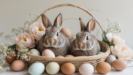 AI Generated. there are two rabbits sitting in a basket with eggs and flowersの素材