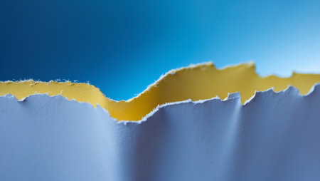 AI Generated. Torn Yellow Paper with Blue Background and Textured Cut Edgeの素材