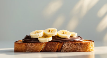 AI Generated. Toasted Bread with Chocolate Spread and Fresh Banana Slicesの素材