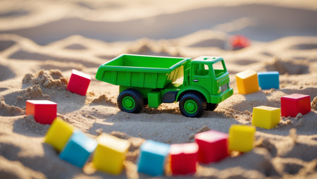 AI Generated. Vibrant green toy dump truck on a sandy surface surrounded by colorful toy blocksの素材