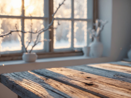 AI Generated. Wooden Tabletop Winter Window View Backgroundの素材