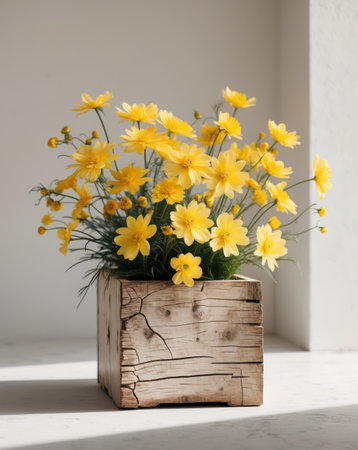AI Generated. Yellow Flowers in a Rustic Wooden Planter Boxの素材