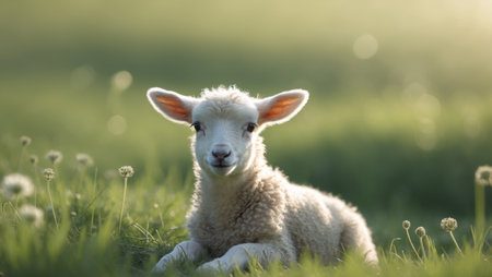 AI Generated. Young lamb resting in a green meadow under soft lightingの素材