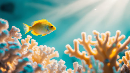 AI Generated. Yellow fish swimming by coral under sunlight raysの素材