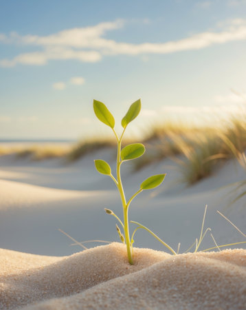 AI Generated. Young Plant Growing in Soft Sand on a Bright Sunny Beachの素材